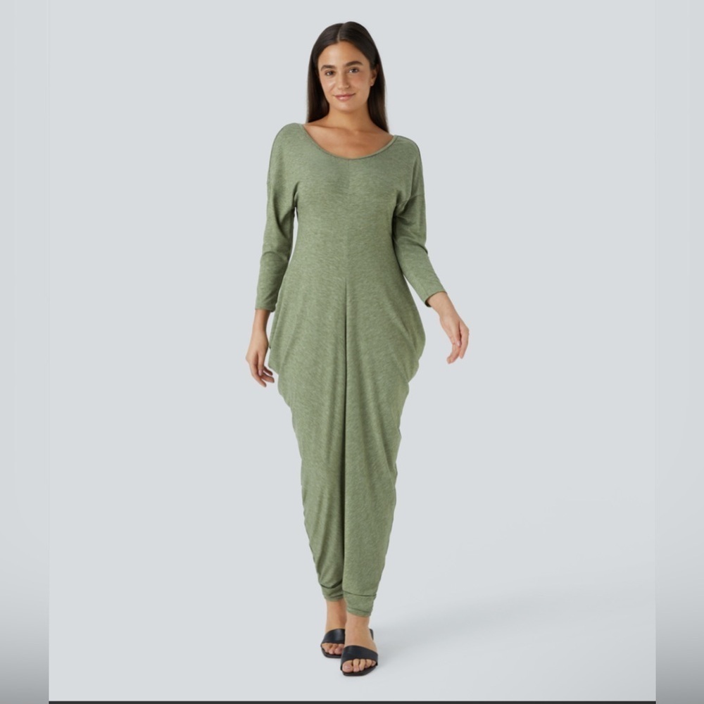 Halara Round Neck Backless Long Sleeve Stacked Casual Jumpsuit
